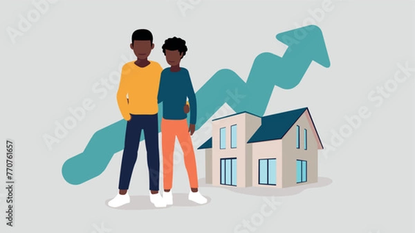 Fototapeta Adob Vector illustration of a couple standing in front of their house with an ascending stock market curve in the background - property concept e Illustrator Artwork
