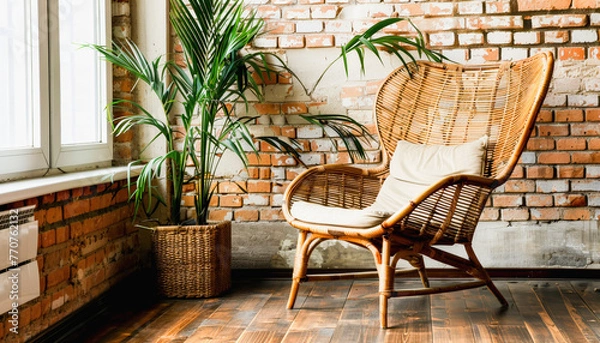 Fototapeta A wooden wicker chair with a cushion sits on the hardwood flooring in front of a brick wall. The cozy furniture piece provides comfort and compliments the rectangular building structure