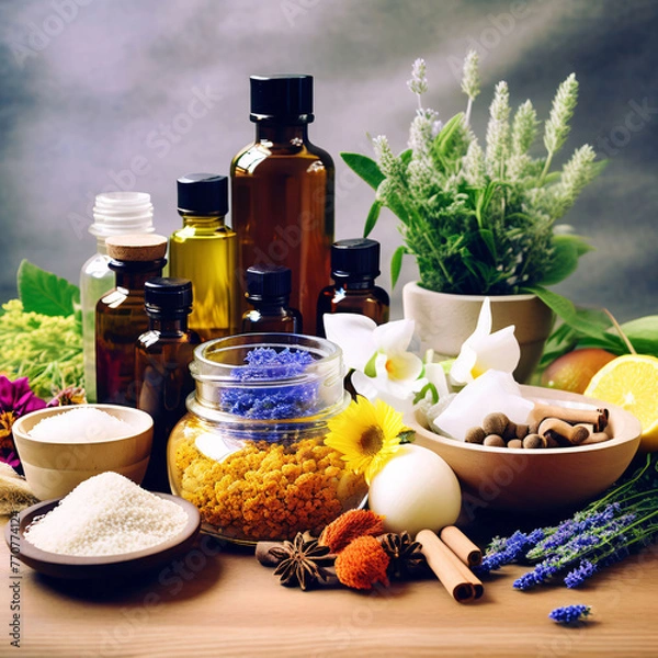 Fototapeta oil and lavender and supliments