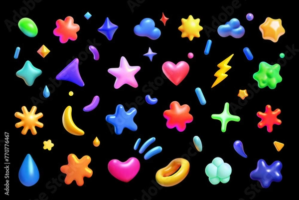 Fototapeta Colorful collection of 3D cartoon vector shapes and symbols on a black background. 3D set includes lightning, stars, clouds, drops, triangle, plus, shapeless elements.