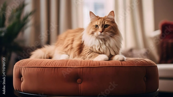 Fototapeta Content Cat on Plush Ottoman