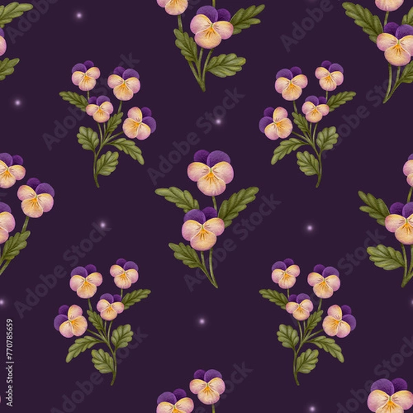 Fototapeta Violets flowers, seamless pattern, fabric, paper, wallpaper, textiles, packaging, bed linen design, tablecloths, kitchen textiles, print, botanical patterns, decoration, Heartseas