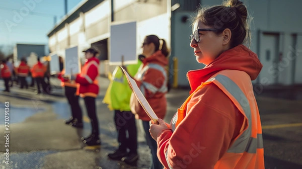 Obraz Female warehouse worker with an orange vest holding a whiteboard and meeting workers in a strike at a factory entrance, working people wearing safety gear at a picket line near an industrial building.