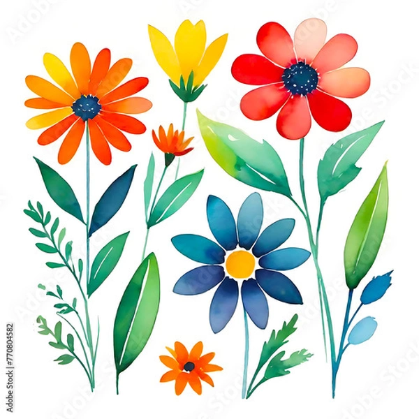 Obraz Summer’s Symphony: A Watercolor Floral Ensemble. This image showcases a vibrant collection of summer flowers, painted with watercolor on a pristine white background. 