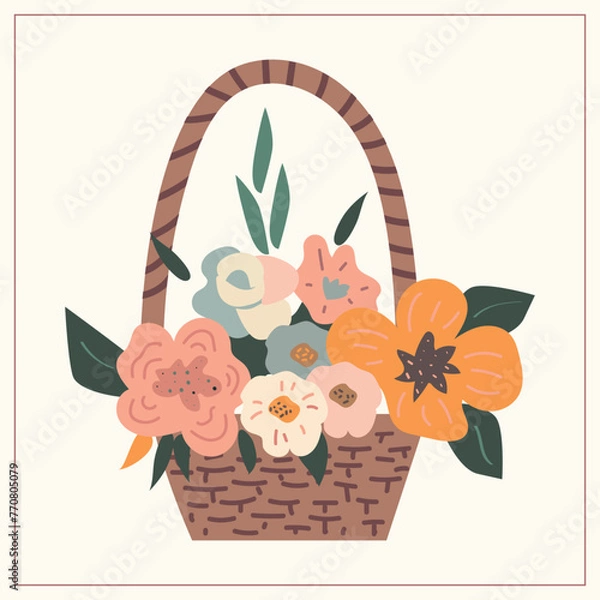 Fototapeta Illustration with a basket and flowers. Spring, summer. Soft pastel colors. Easter. For postcards, magazines, websites