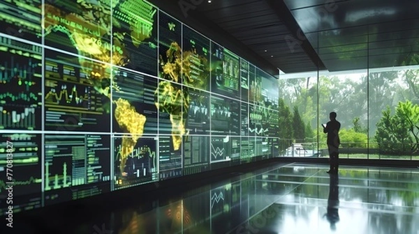 Fototapeta Cutting-edge ESG Data Analytics Platform with Futuristic Holographic Elements Showcasing Green Tech Innovation and Sustainability Insights