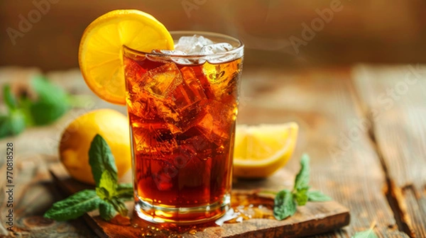 Fototapeta Iced tea with lemon and mint in a glass against a rustic background with warm tones