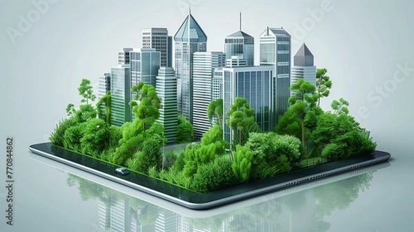 Fototapeta Green Infrastructure and Sustainable City Layouts Emanating from a Tablet, Showcasing Eco-Conscious Design Principles and Urban Sustainability for a Greener Tomorrow.