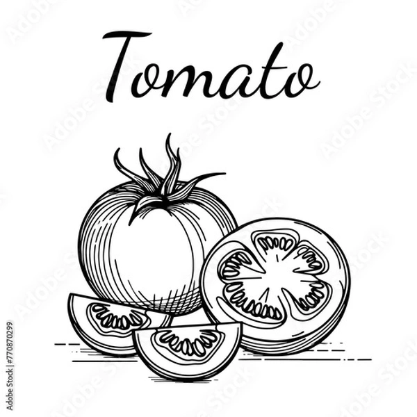 Fototapeta Hand drawn tomato icon and lettering. Vegetables vector icon in old ink style for brochures, banners, restaurant and market menus
