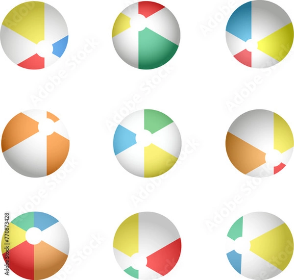Fototapeta A set of beach balls on a white background. Vector three-dimensional image, a template of colored summer balls