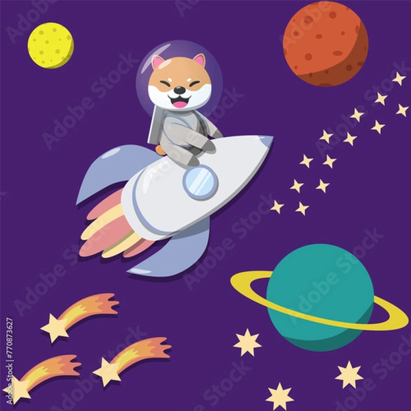 Obraz A cute astronaut dog in a spacesuit flying on a rocket. Explores the galaxy with planets, stars and the Moon. Vector illustration of the galaxy.