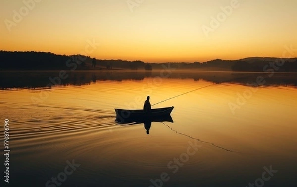 Fototapeta A serene scene of a person fishing from a boat during a golden sunset, casting reflections on the calm water.
