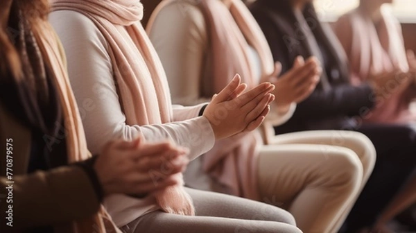 Fototapeta Women in a group during the seminar discuss interesting issues together while holding close-up hands