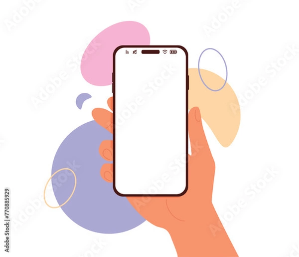 Fototapeta Hand holding mobile vertically in flat style