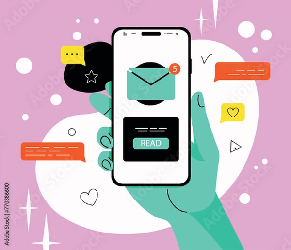 Fototapeta Vector illustration of a hand holding a mobile phone with an unread message icon in vibrant vaporwave 90s style colors.