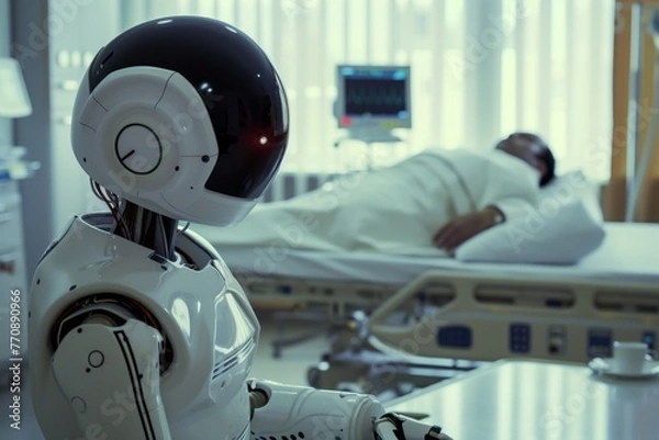 Fototapeta Android robot in white doctor's coat is depicted in a hospital setting, representing the concept of artificial intelligence AI in medicine and robotic healthcare.