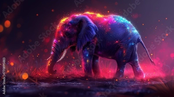 Fototapeta   A digital painting of an elephant adorned with bright lights on its body and illuminated tusks