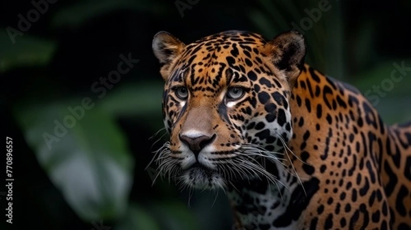Fototapeta   A tight shot of a leopard's face against a dark backdrop, featuring a nearby green, foliage-dense foreground