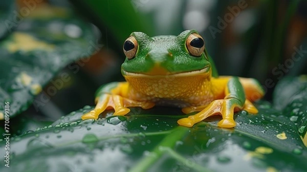 Fototapeta   A tight shot of a frog on a leaf, adorned with water droplets on its back legs and reflecting in its eyes