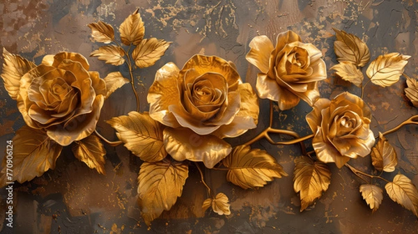 Fototapeta Golden roses on black background elegant golden roses flowers wall art. Generative AI