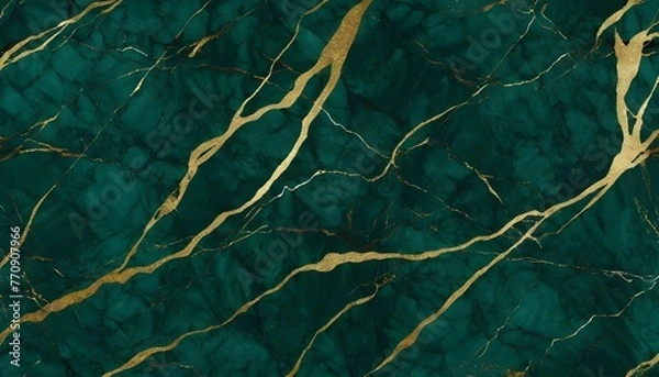Fototapeta Dark green marble block with gold veins pattern texture, wall tile sample banner