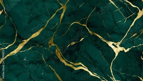 Fototapeta Dark green marble block with gold veins pattern texture, wall tile sample banner