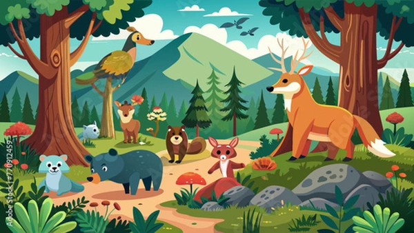 Obraz forest scene with various animals 1 illustration