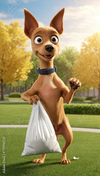 Fototapeta A small cute cartoon toy terrier puppy holds a bag in his paws against the backdrop of a city park. The dog cleans up its poop. Pet toilet in a public place