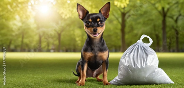 Fototapeta A small cute cartoon toy terrier puppy holds a bag in his paws against the backdrop of a city park. The dog cleans up its poop. Pet toilet in a public place