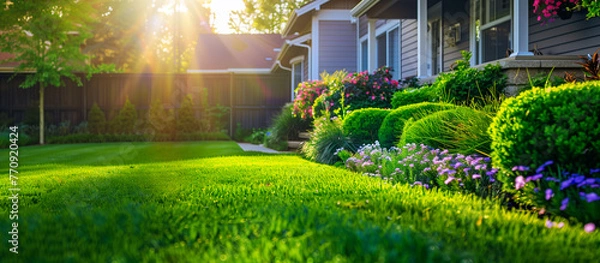 Obraz lush greenery and flower bed in the backyard residential house