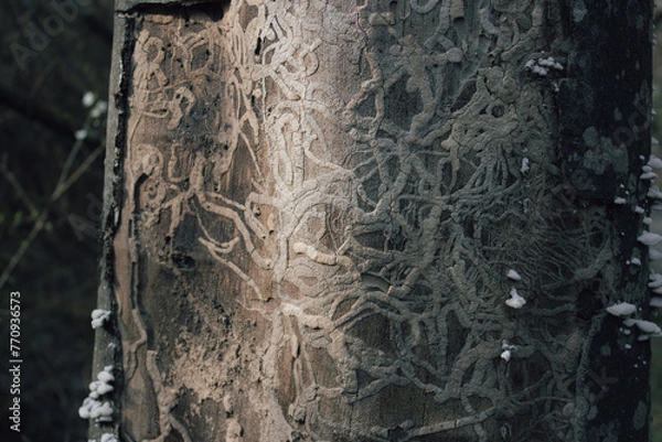 Obraz Trunk of a tree without bark with marks left by worms.