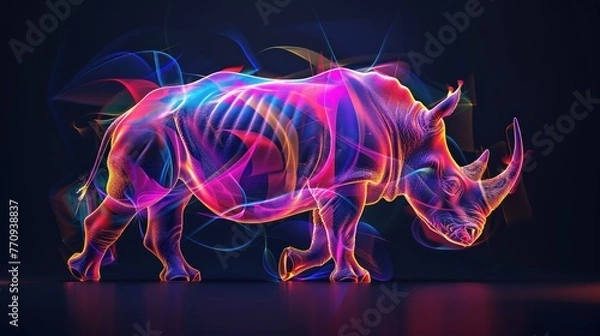 Fototapeta Abstract 3d colorful hologram rhino animal drawing in dark background. AI generated