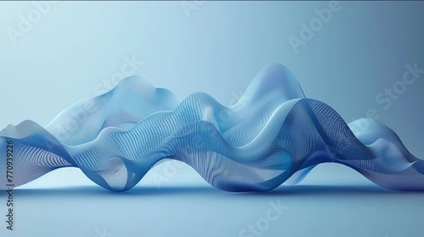 Fototapeta Three-dimensional blue webs inside a light blue room. Technology-themed background with waves of imaginary lines.