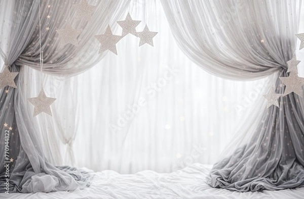 Fototapeta A serene and dreamy bedroom atmosphere with glittering star decorations suspended in front of a soft, starry curtain. Generative AI