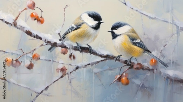 Fototapeta A pair of chickadees sit on a snowy branch with red berries.