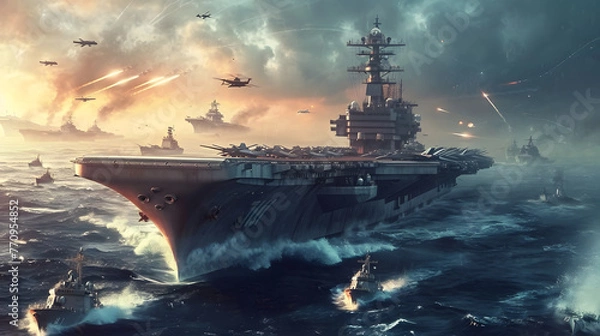 Fototapeta war at sea warships in the battle, generative ai