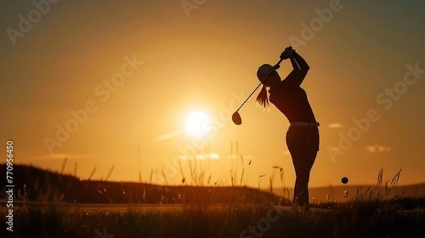 Fototapeta Young junior female golfer practicing to stroke in a golf course ground with the beautiful sun setting scenery nature environment. Golf practicing. Golfing golf course. Generative AI