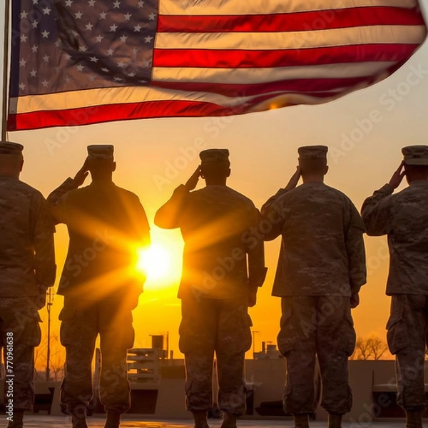 Obraz USA army soldiers saluting on a background of sunset