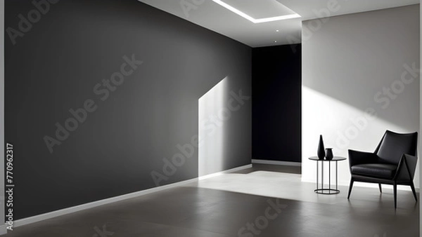 Fototapeta An image of an interior living room space with black as the main color and a sofa placed there. Generative AI.