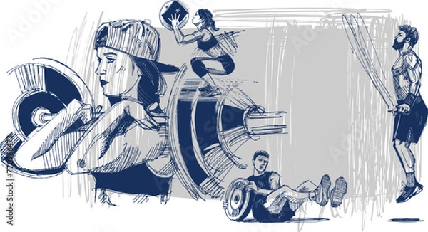 Fototapeta hand-drawn illustration of a man doing an exercise with a speed rope jump, a woman lifting a heavy weight on a barbell, and another  man doing his weight work 