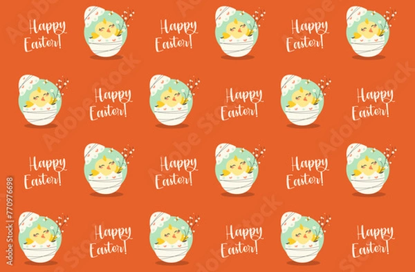 Fototapeta Vector design of Easter pattern of cute Easter chick on orange background