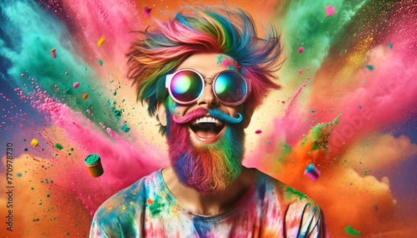 Fototapeta man with sunglasses, in a colorful powder explosion, generative ai