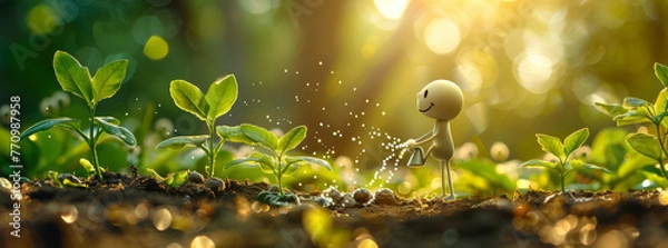 Fototapeta A white line art stick figure with a smile on his face, He was watering the seeds of his small plants (line art) in the ground.generative ai