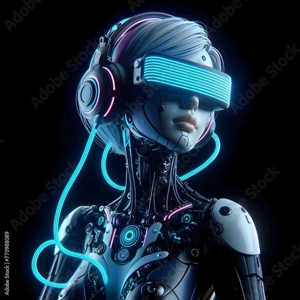 Fototapeta Advanced robot with the appearance of a beautiful woman wearing vision pro glasses.