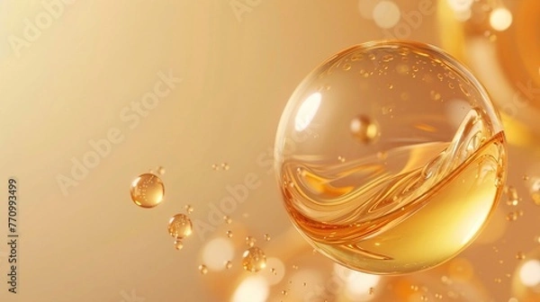 Fototapeta Golden oil bubble with photorealistic details and a glossy finish on background soft gradient of light beige tones