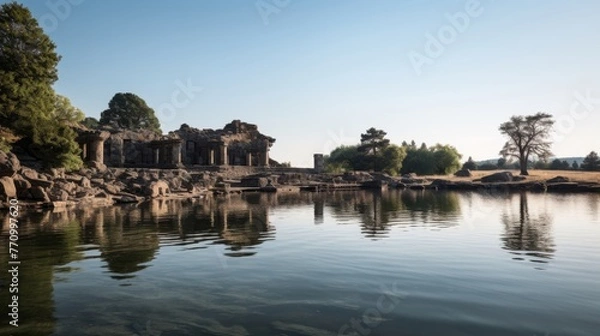 Fototapeta Calm lake with ancient ruins view