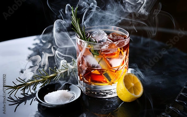 Fototapeta Alcohol cocktail with ice and smoking rosemary on dark table with lemon and salt
