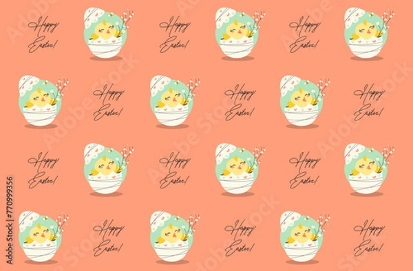 Fototapeta Vector design of Easter pattern of cute Easter chick on peach background