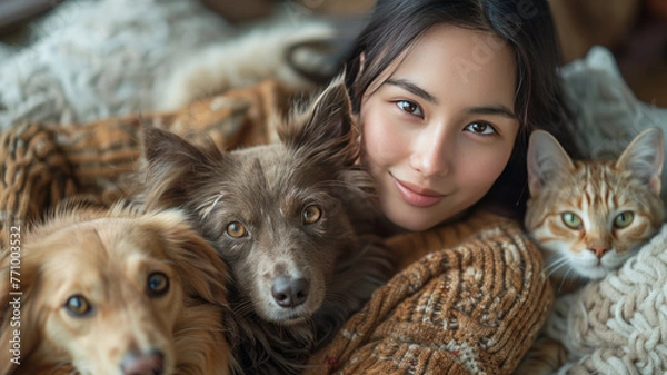Fototapeta woman sitting on a sofa while holding a cat and petting a dog's head,generative ai