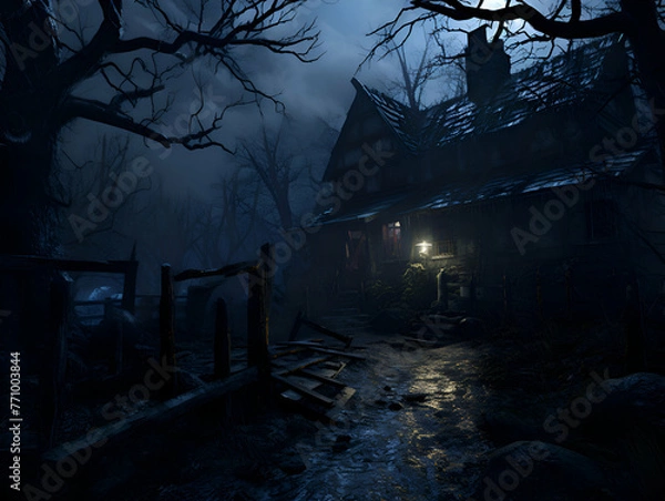 Fototapeta Halloween night scene with haunted house in the forest. 3D rendering